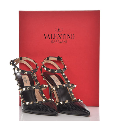 Valentino Garavani Glossy Python Rockstud Ankle Strap Pumps 39.5 Black 8 of 8