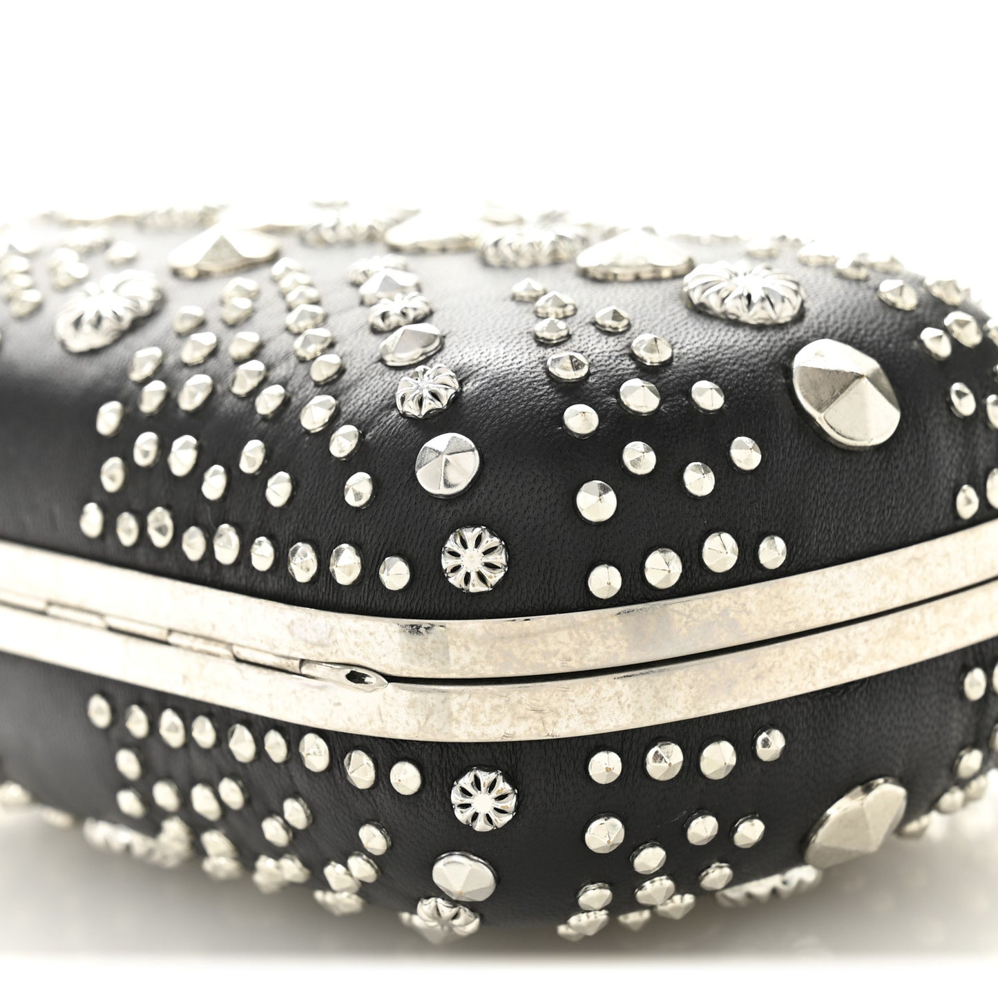 Calfskin Studded Britannia Skull Chain Clutch Black