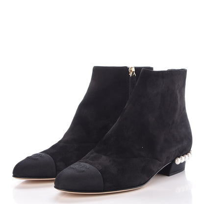 Chanel Suede Calfskin Pearl Cap Toe Short Boots 38 Black 3 of 8