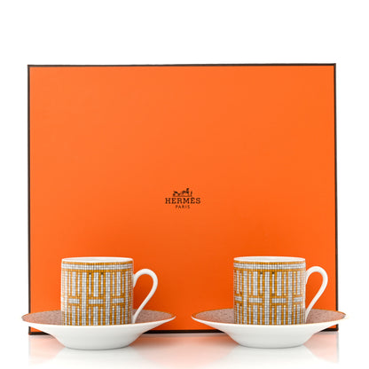 Hermes Porcelain Mosaique Au 24 Gold Coffee Cup and Saucer Set of 2 12 of 12