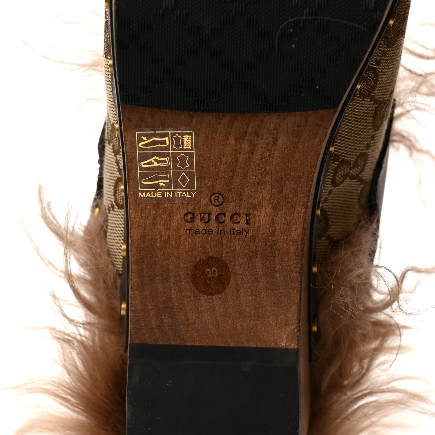 Gucci Monogram Calfskin Fur Horsebit Amstel Slingback Clogs 39 Beige Ebony New Acero Naturale 6 of 7