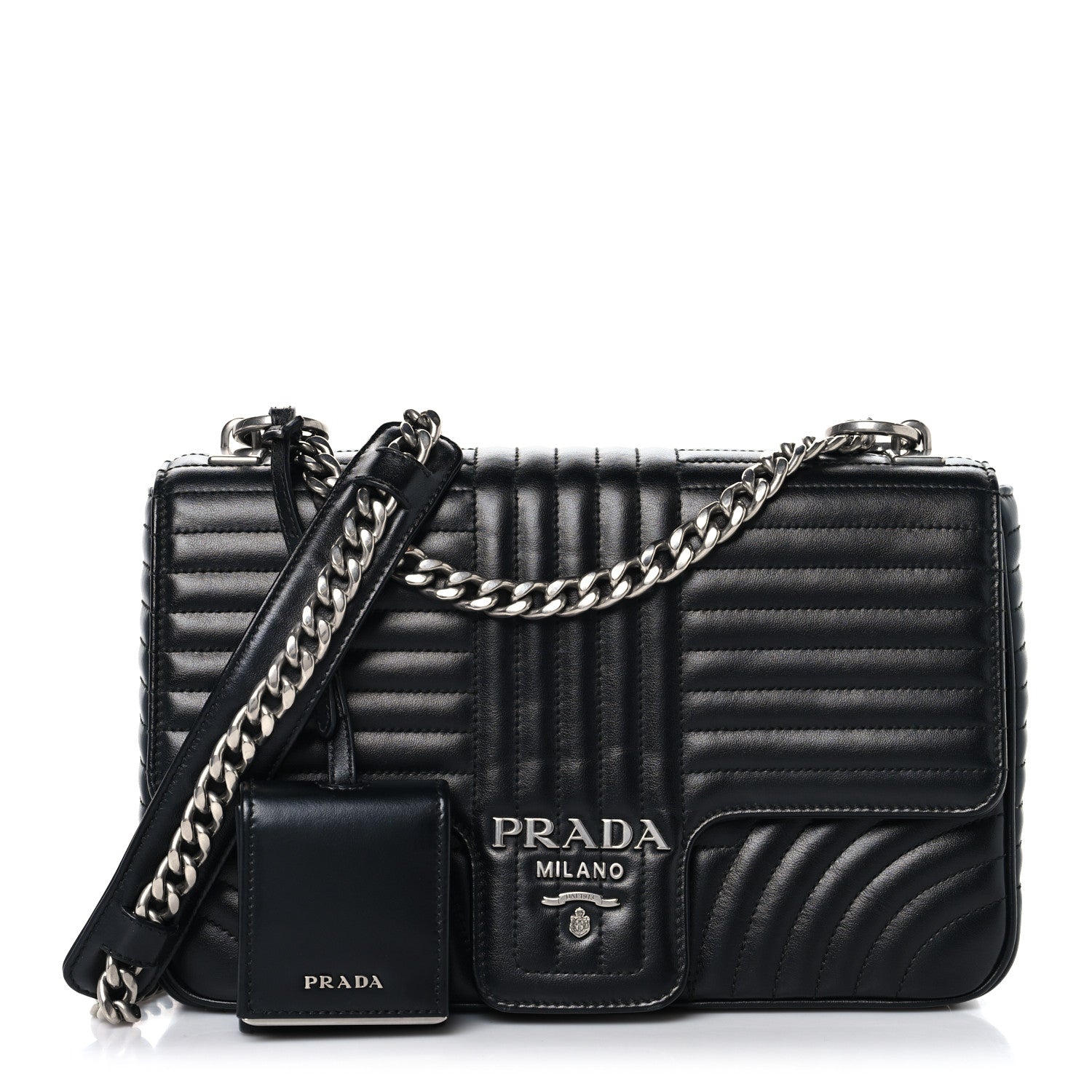 Prada Soft Calfskin Impunture Diagramme Large Chain Flap Shoulder Bag Black 3 of 11