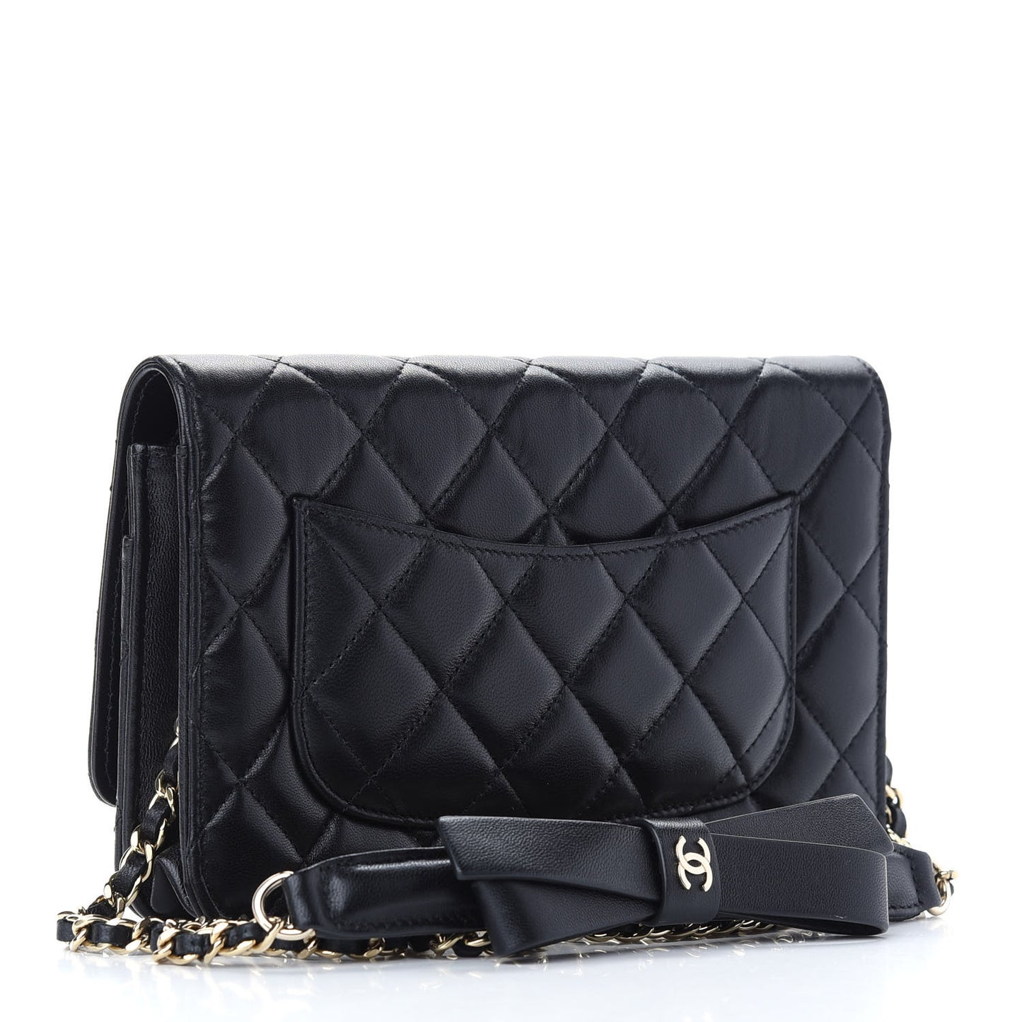 Lambskin Quilted Coco Bow Wallet On Chain WOC Black