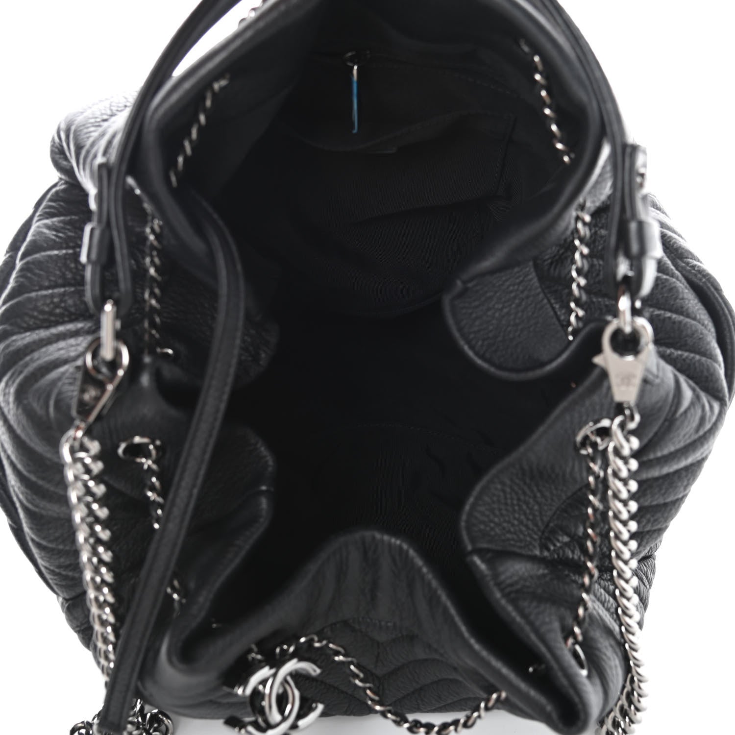 Chanel Deerskin Chevron Large CC Chain Bucket Drawstring Bag Black 4 of 4