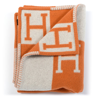 Hermes Wool Cashmere Signature Classic Avalon Blanket Ecru Potiron 2 of 3