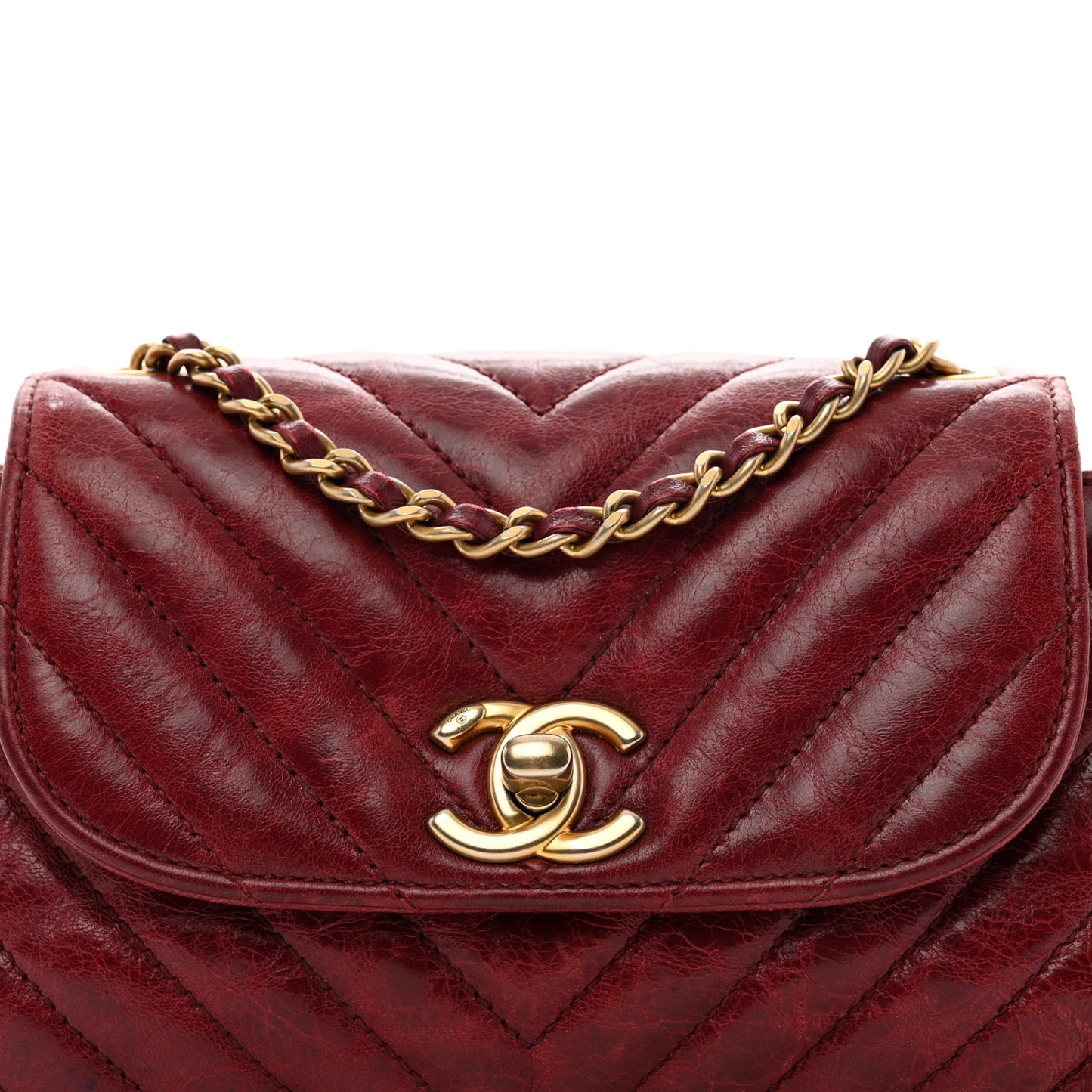 Glazed Calfskin Chevron Quilted Small Hampton Flap Burgundy