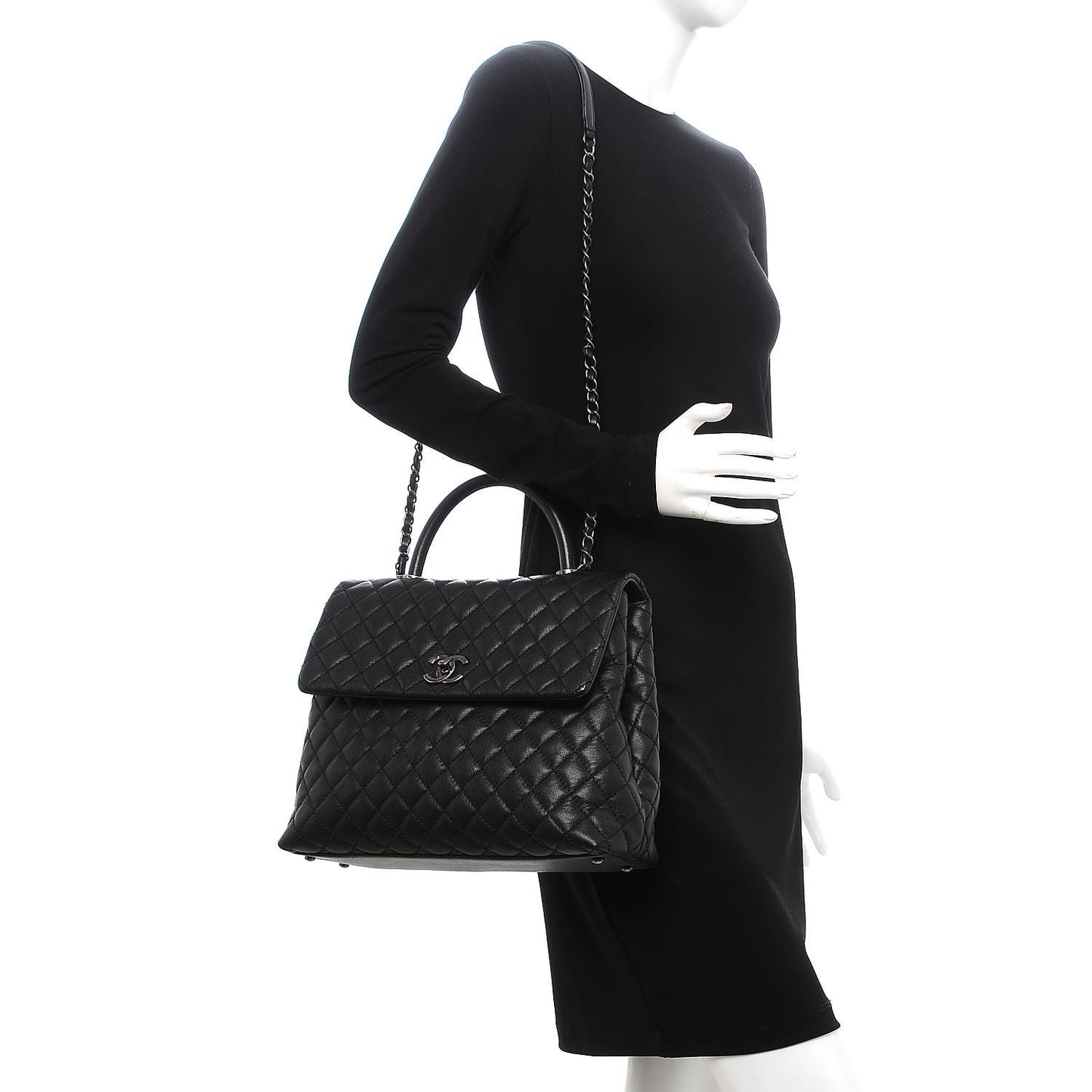 Caviar Quilted Large Coco Handle Flap Black
