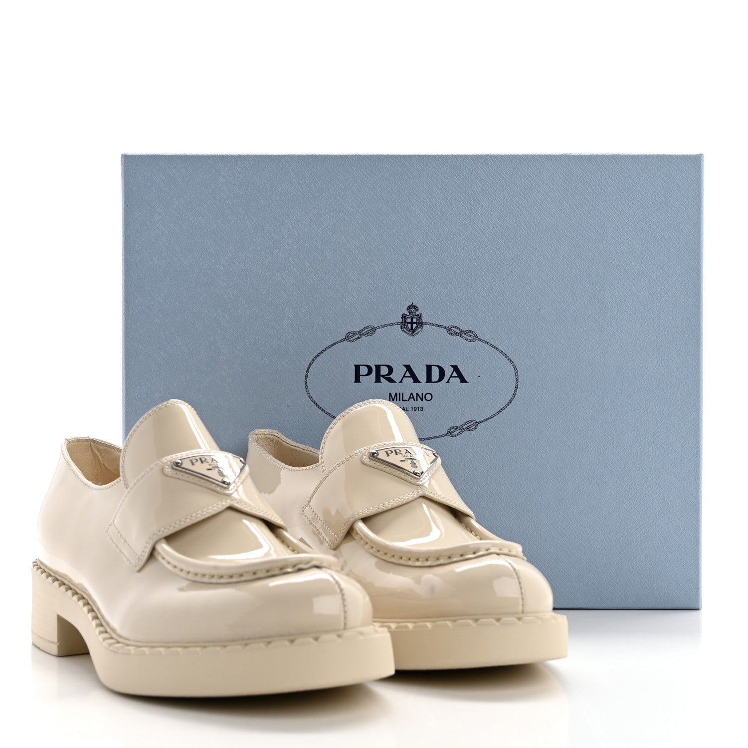 Prada Vernice Metal Triangle Logo 50mm Loafers 38 Avorio 11 of 11