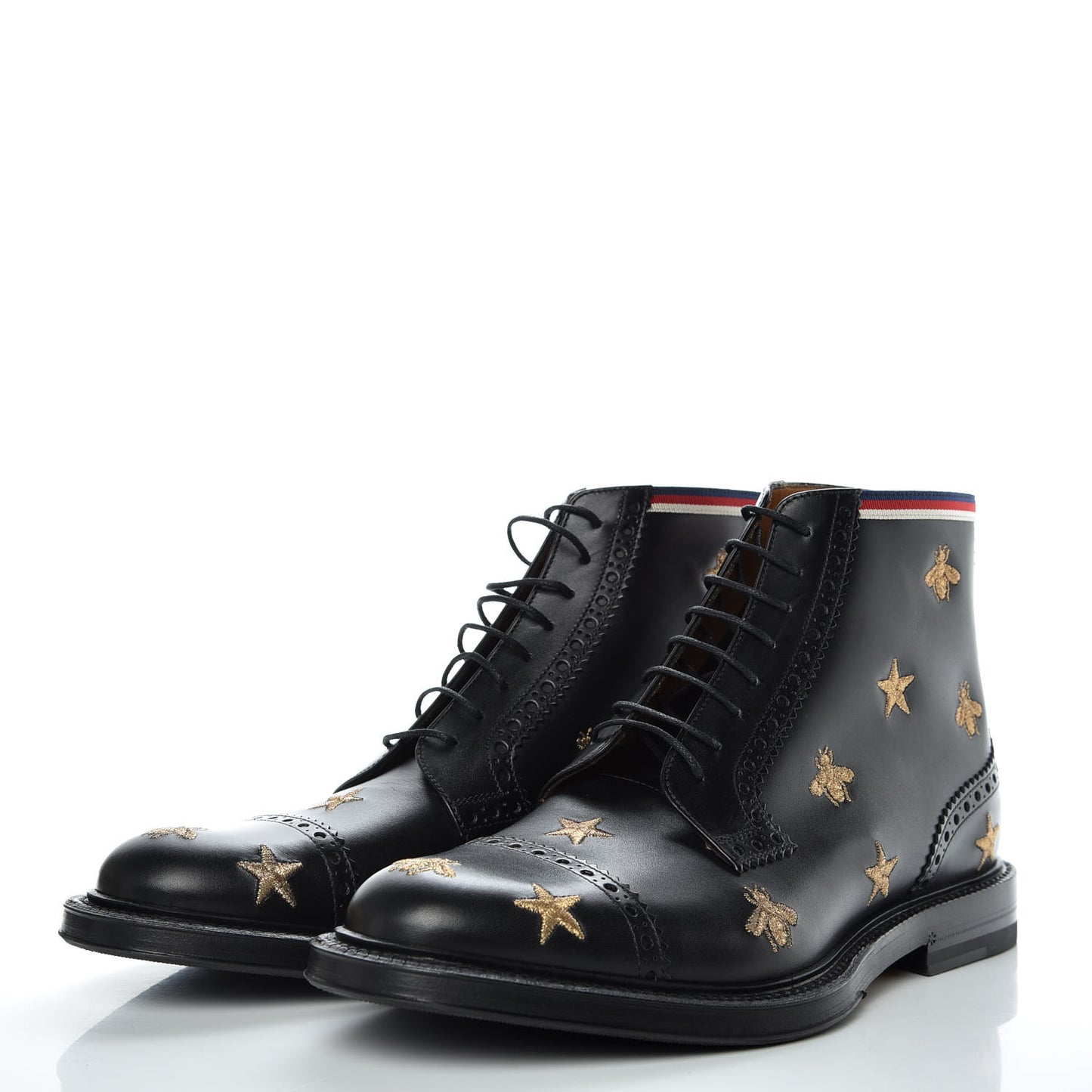 Calfskin Sylvie Web Bee Star Embroidered Mens Brogue Captoe Boots 7.5 Black