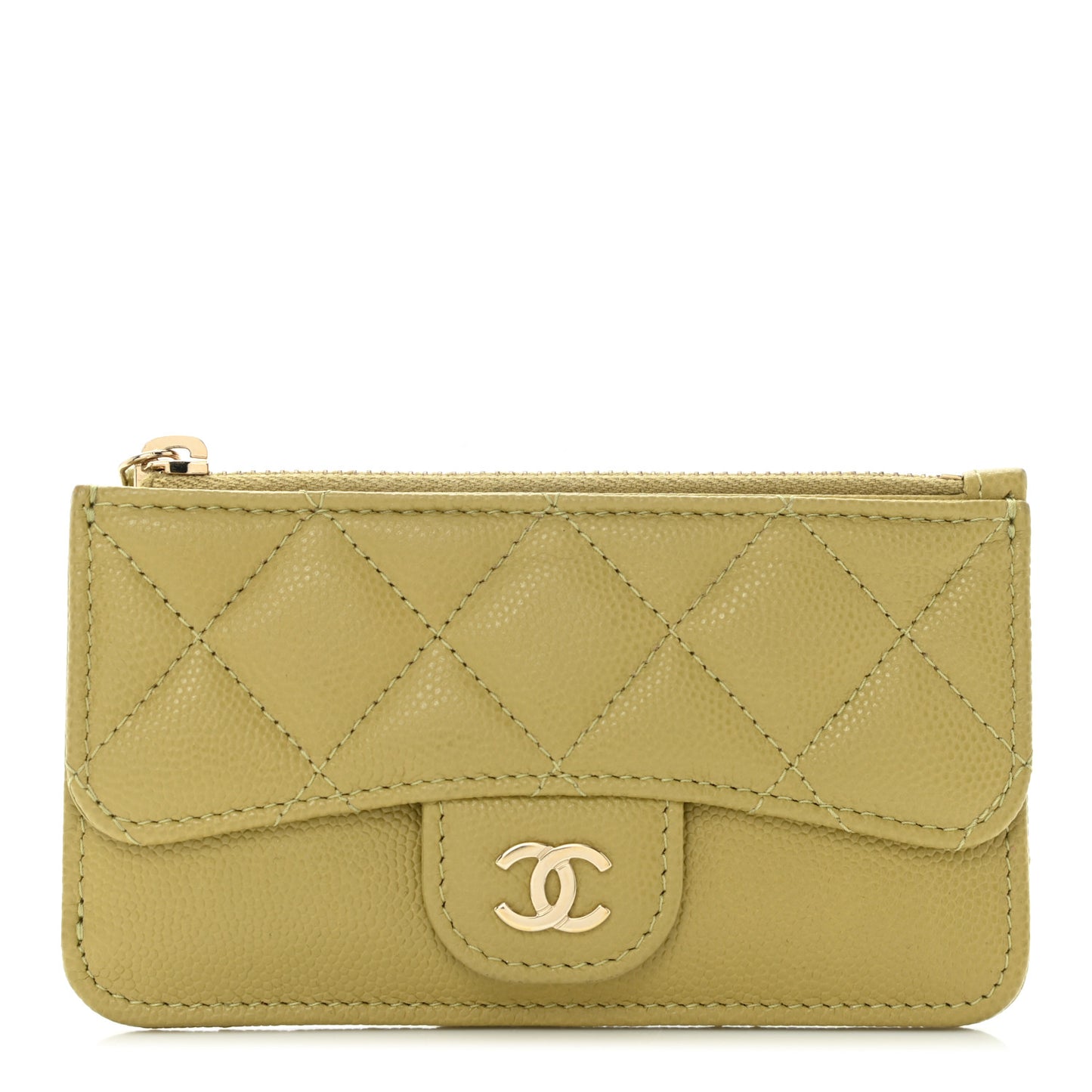 Caviar Quilted Flap Zip Card Holder Green