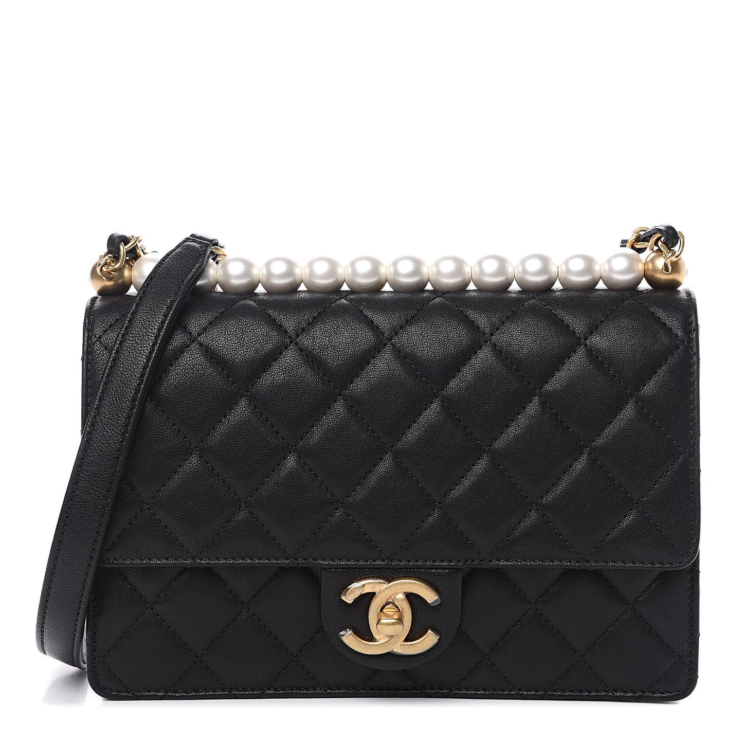 Lambskin Quilted Small Chic Pearls Flap Black