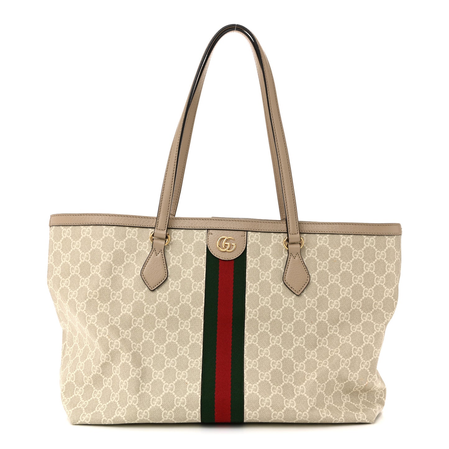 GG Supreme Monogram Textured Dollar Calfskin Web Medium Ophidia Shopping Tote Beige Mystic White Oatmeal