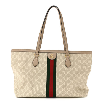 Gucci GG Supreme Monogram Textured Dollar Calfskin Web Medium Ophidia Shopping Tote Beige Mystic White Oatmeal 1 of 13