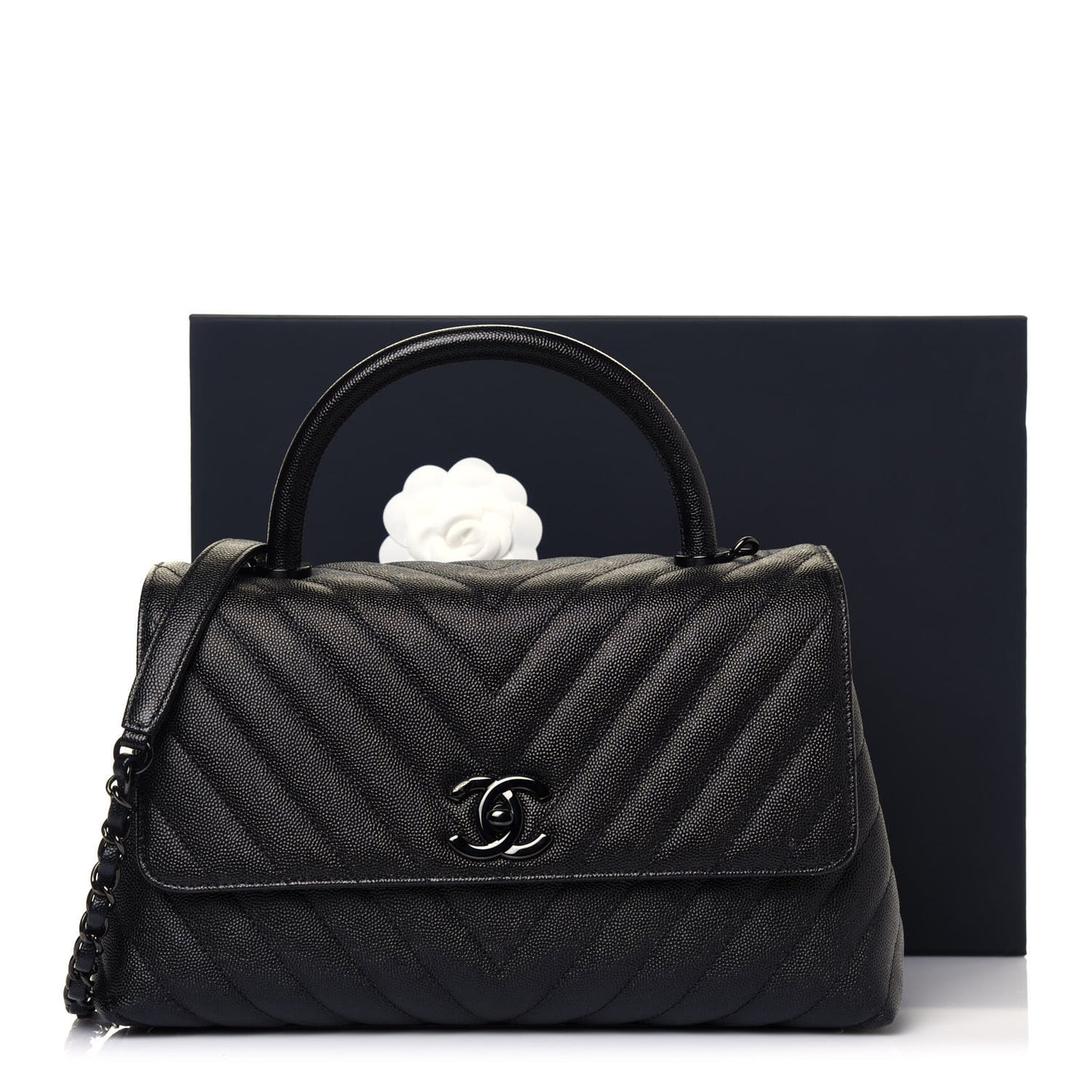 Caviar Chevron Quilted Small Coco Handle Flap So Black