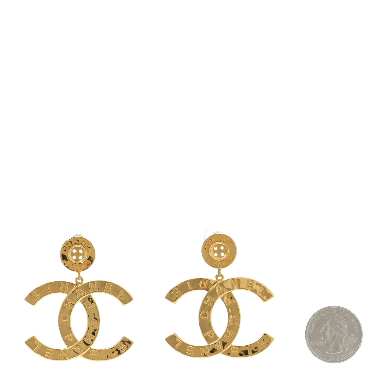 Chanel Metal Large Paris Button Earrings Gold 2 of 7