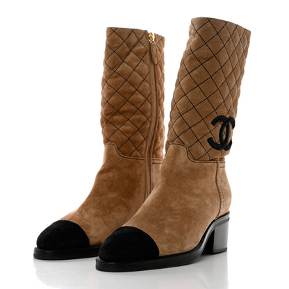 Chanel Suede Quilted CC High Boots 37 Dark Beige Black 3 of 9