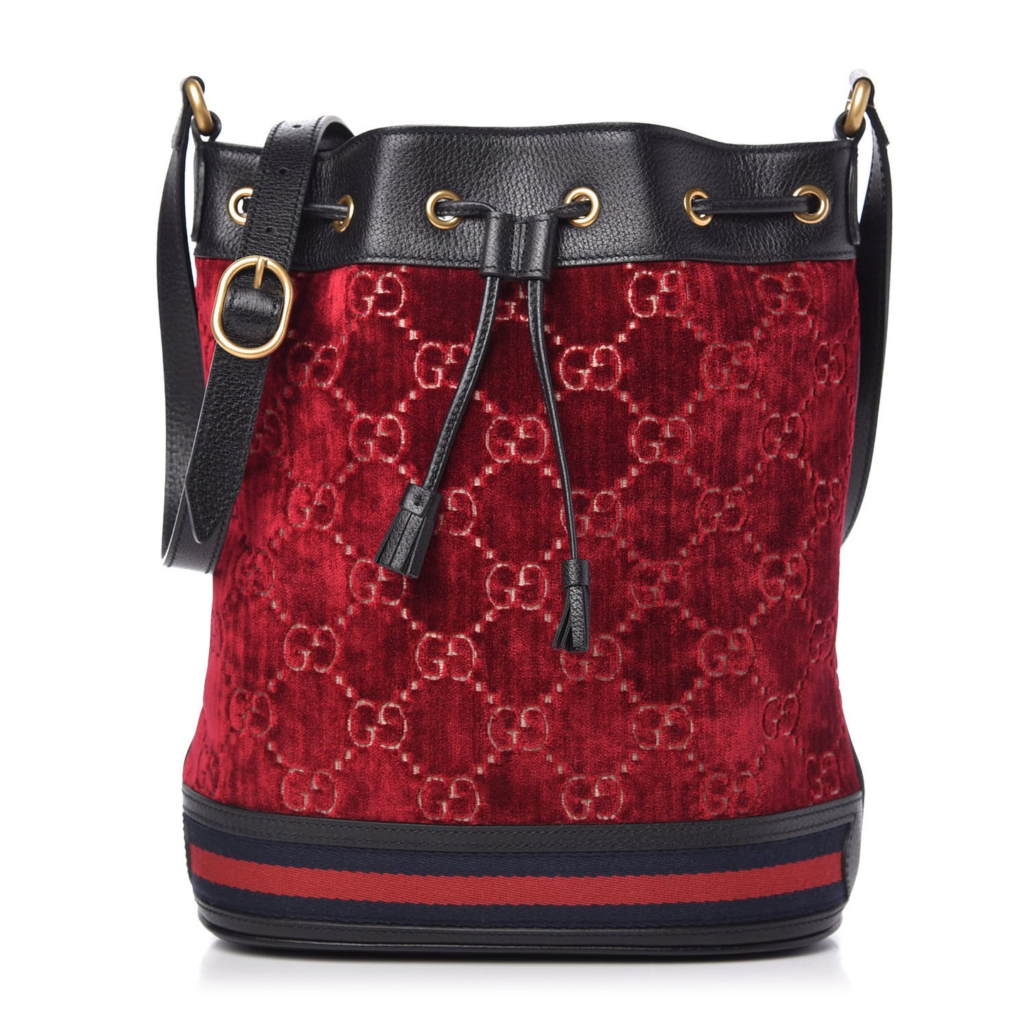 Velvet GG Monogram Textured Calfskin Web Bucket Bag Red Cipria Black