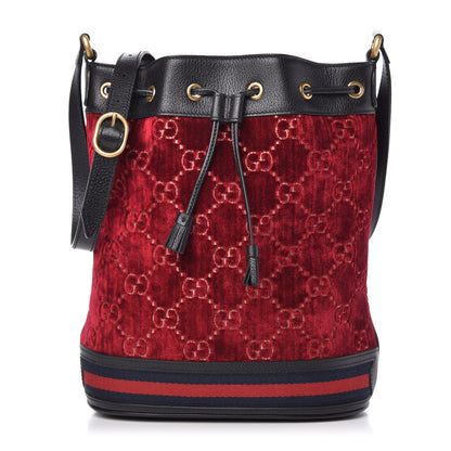 Gucci Velvet GG Monogram Textured Calfskin Web Bucket Bag Red Cipria Black 1 of 10