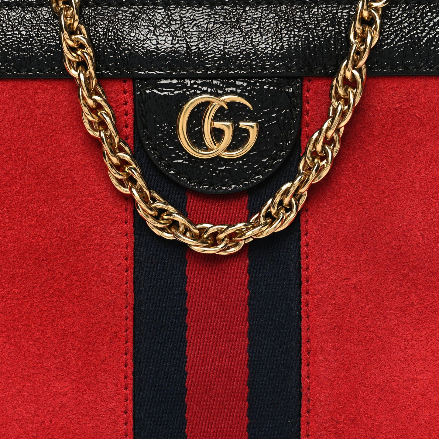 Suede Patent Web Small Ophidia Chain Shoulder Bag Hibiscus Red Black