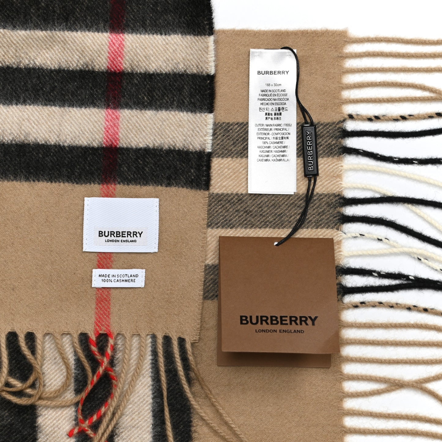 Cashmere Giant Check Fringe Scarf Archive Beige
