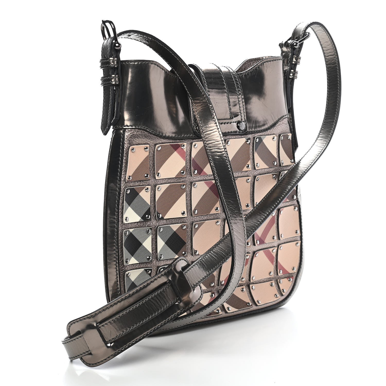Burberry Metallic Patent Studded Nova Check Patchwork Crossbody Pewter 3 of 8