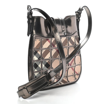 Burberry Metallic Patent Studded Nova Check Patchwork Crossbody Pewter 3 of 8