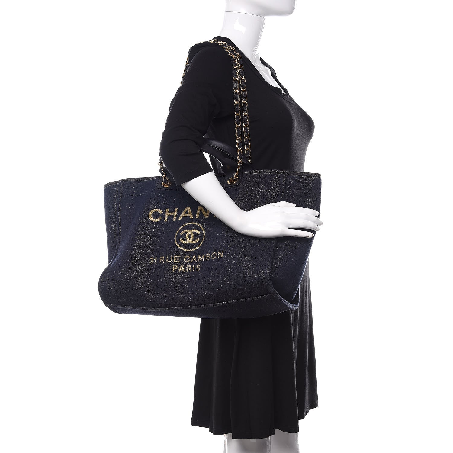 Chanel Lurex Canvas Medium Deauville Tote Navy Blue Gold 2 of 10