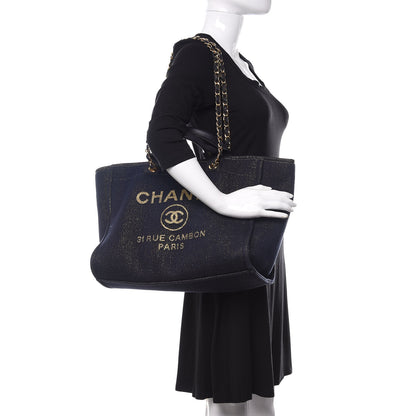 Chanel Lurex Canvas Medium Deauville Tote Navy Blue Gold 2 of 10