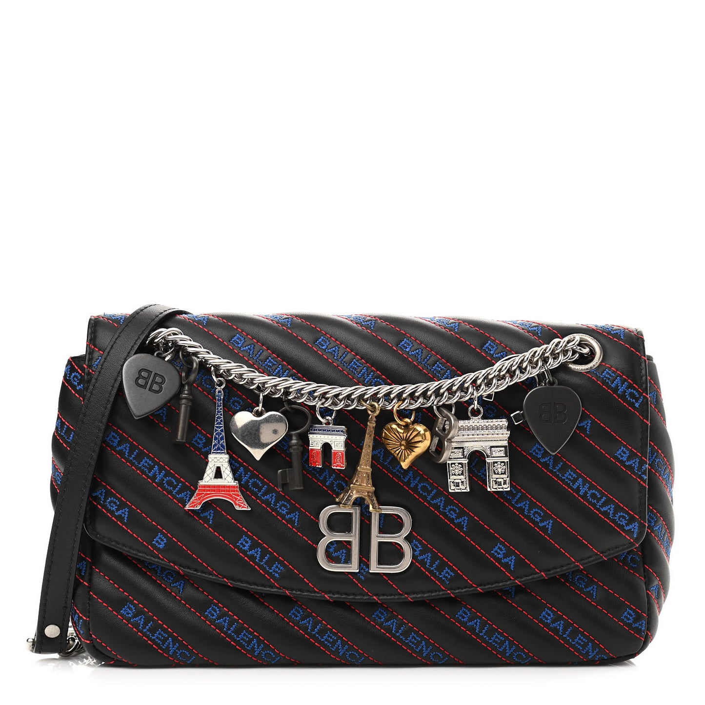 Calfskin Charms Logo Matelasse M BB Round Shoulder Bag Black Blue