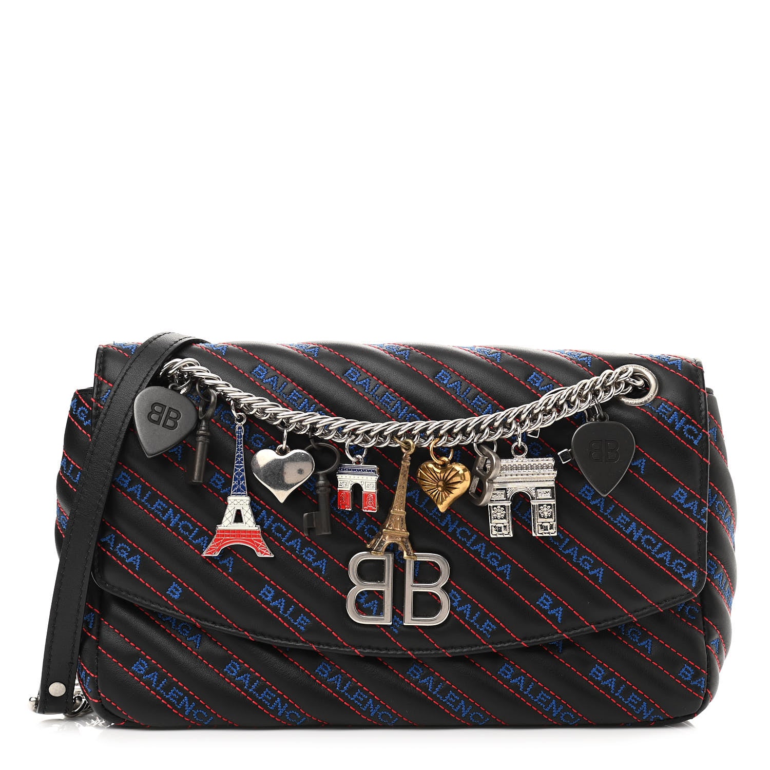 Balenciaga Calfskin Charms Logo Matelasse M BB Round Shoulder Bag Black Blue 1 of 9