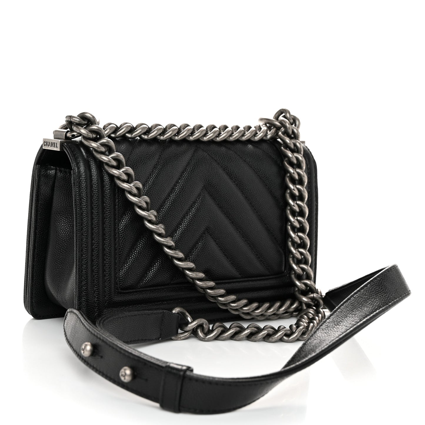 Caviar Chevron Quilted Small Boy Flap Black