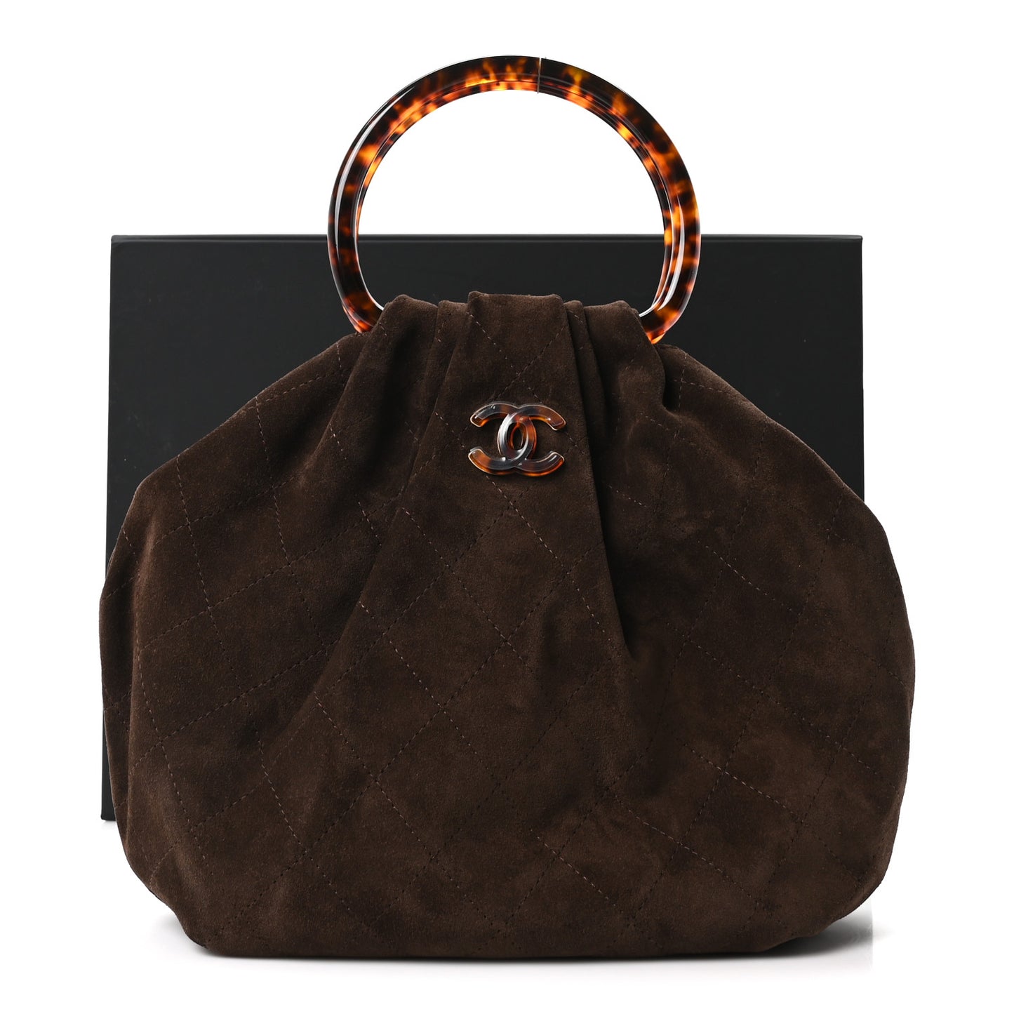 Suede Calfskin Plexiglass Tortoise Shell Quilted Pouch Dark Brown