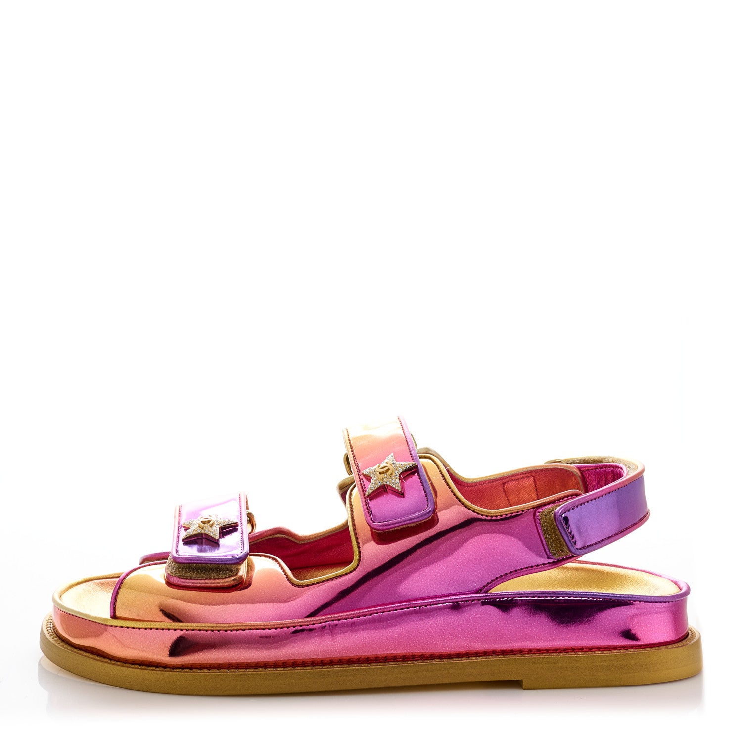 Chanel Metallic Laminated Calfskin Crystal Star CC Velcro Dad Sandals 40 Gold Multicolor 1 of 10