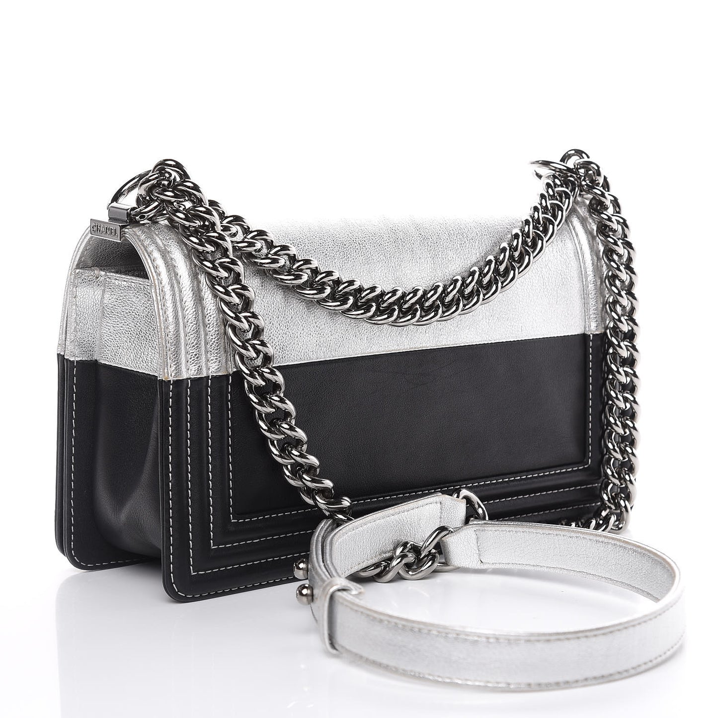 Metallic Goatskin Calfskin Medium Boy Flap Silver Black