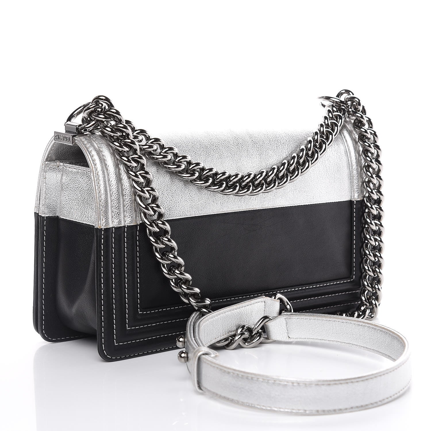 Chanel Metallic Goatskin Calfskin Medium Boy Flap Silver Black 3 of 15