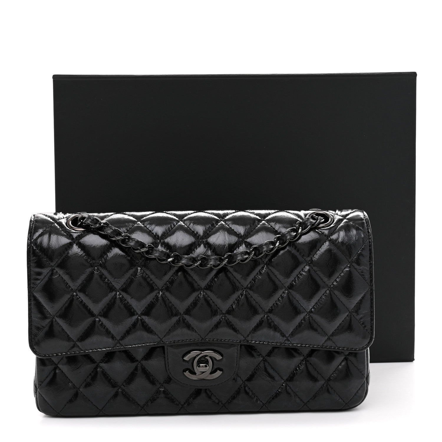 Chanel Shiny Crumpled Calfskin Quilted Medium Double Flap So Black 11 of 11