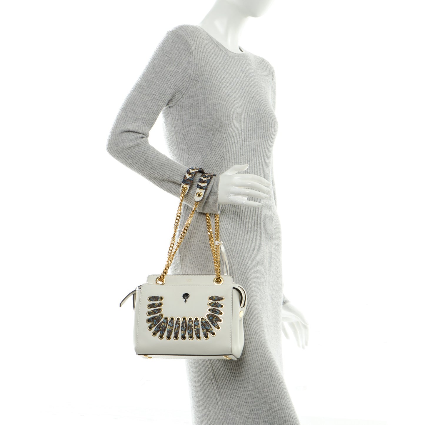 Vitello Baltico Ribbon Lace Up Floral Small DotCom Click Chain Satchel White Multicolor