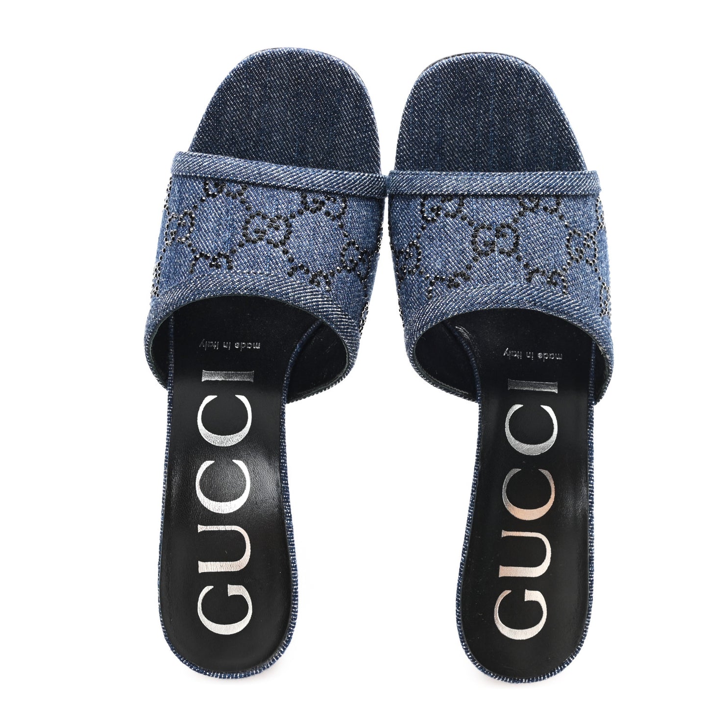 Denim Crystal GG Monogram Mules 37 Blue