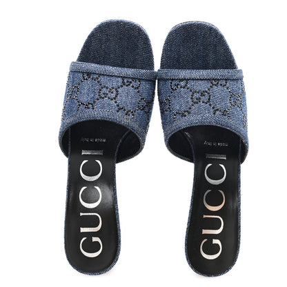 Gucci Denim Crystal GG Monogram Mules 37 Blue 2 of 11
