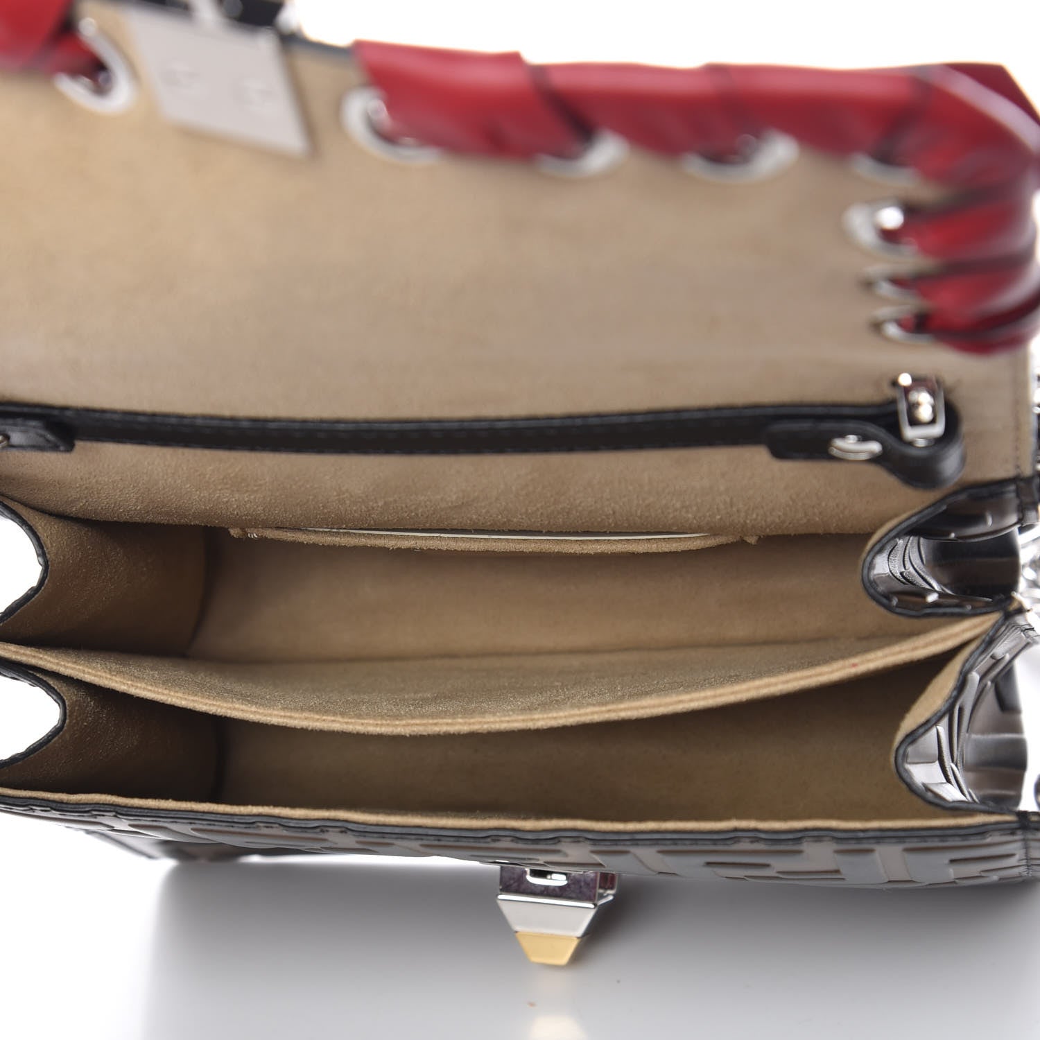 Fendi Vitello Shiny Nappa Bi-Color FF 1974 Lace Up Bow Embossed Small Kan I Shoulder Bag Maya Black Fragola 5 of 9