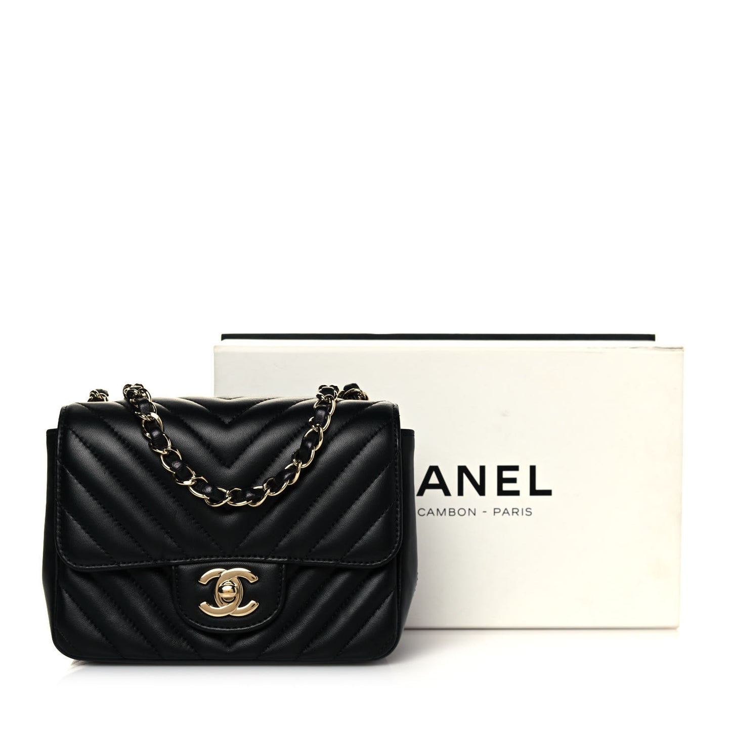 Lambskin Chevron Quilted Mini Square Flap Black