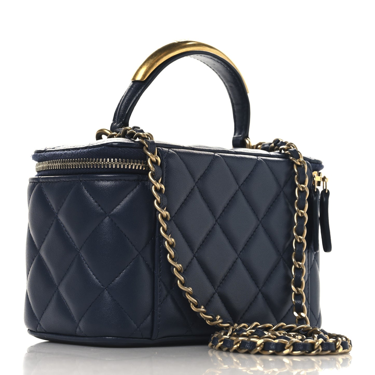 Lambskin Quilted Metal Small Top Handle Vanity Case With Chain Blue