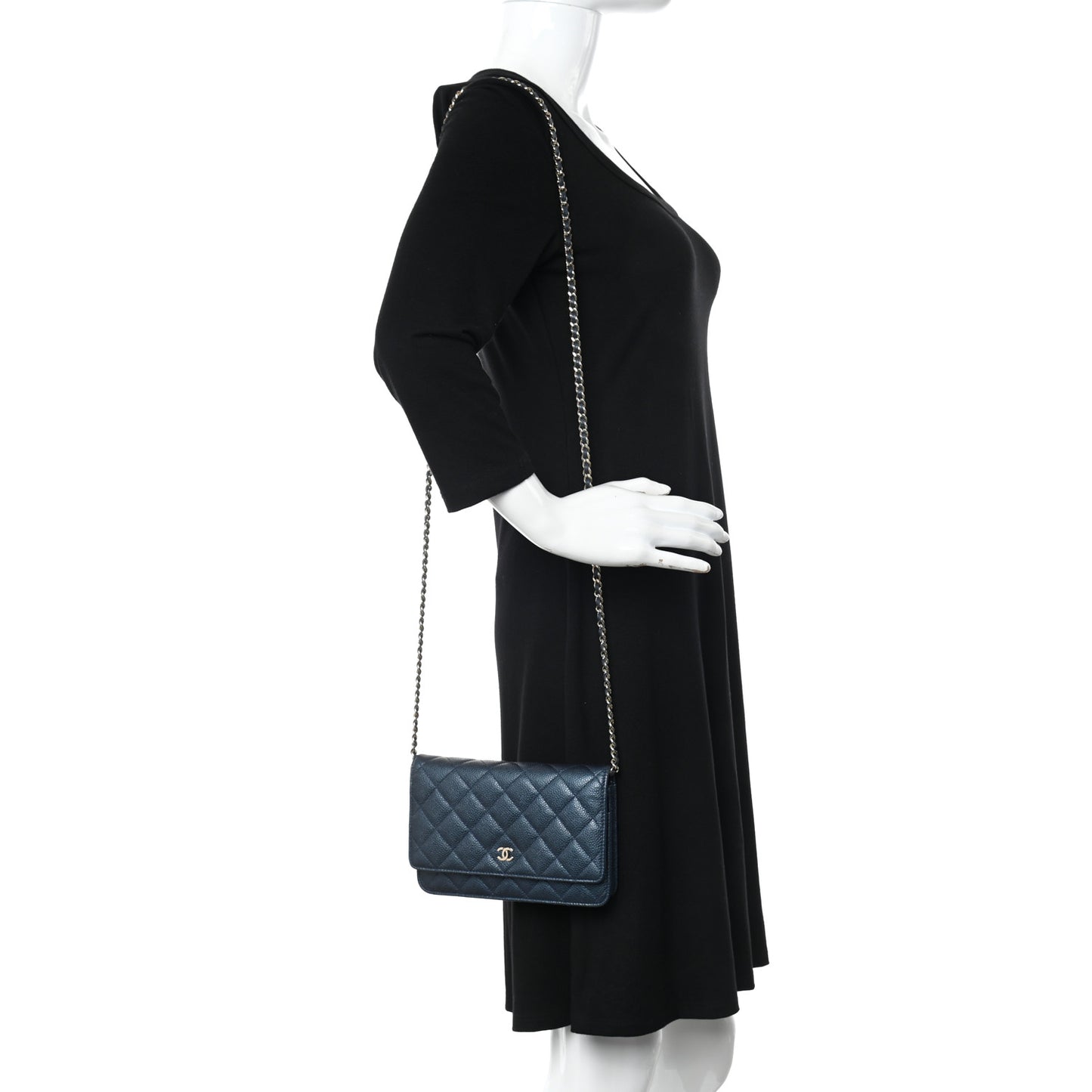 Caviar Quilted Wallet on Chain WOC Navy Blue