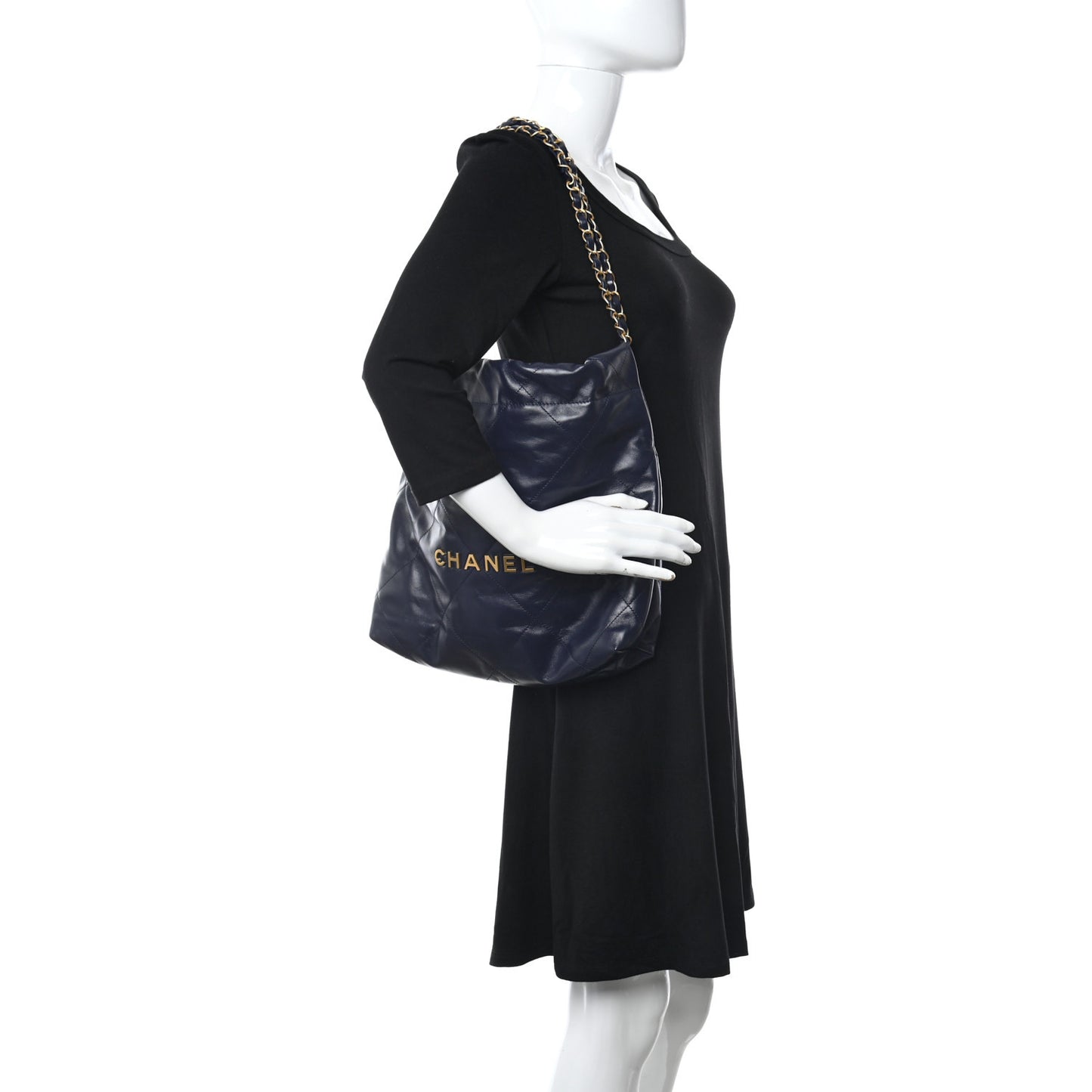 Shiny Calfskin Quilted Small Chanel 22 Navy