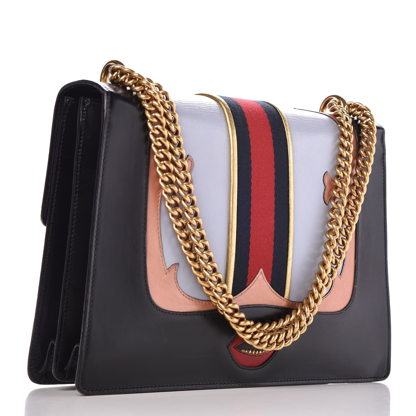 Calfskin Web Heart Medium GG Marmont Chain Handle Bag Black
