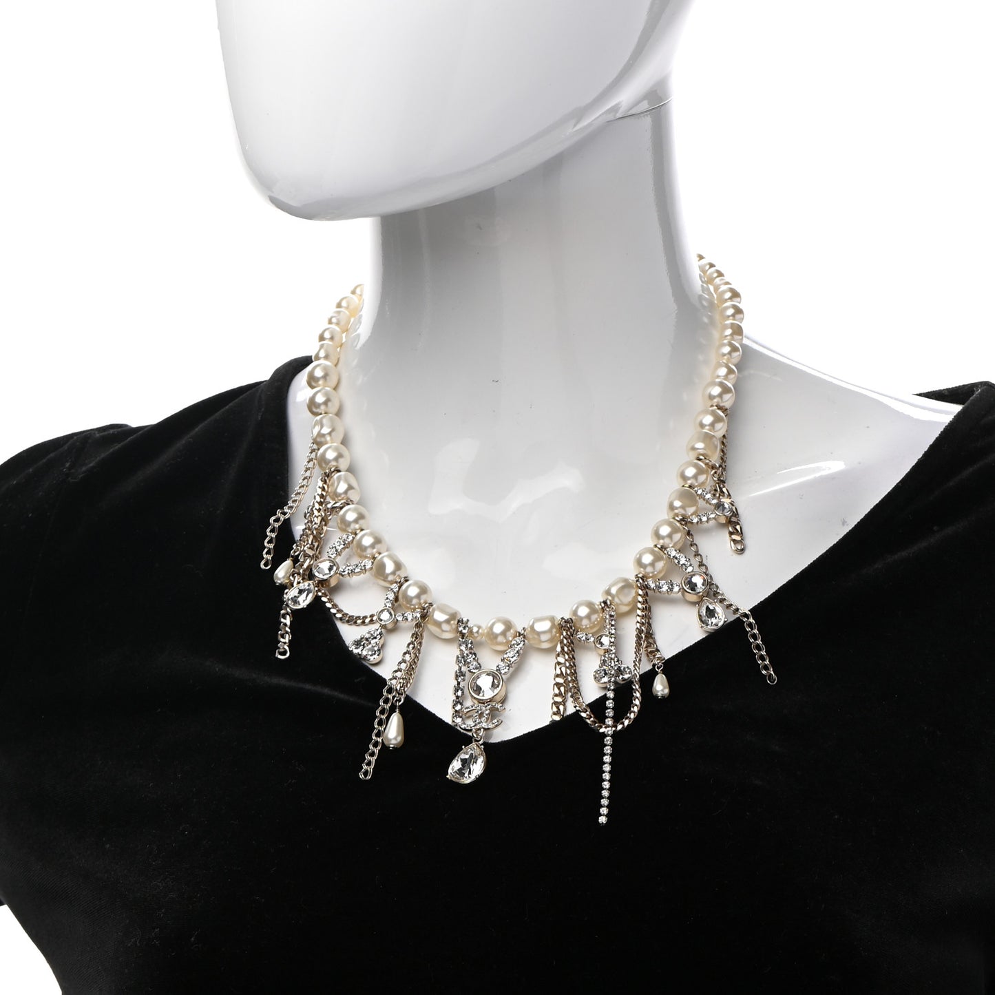 Pearl Crystal CC Dangle Short Necklace Gold
