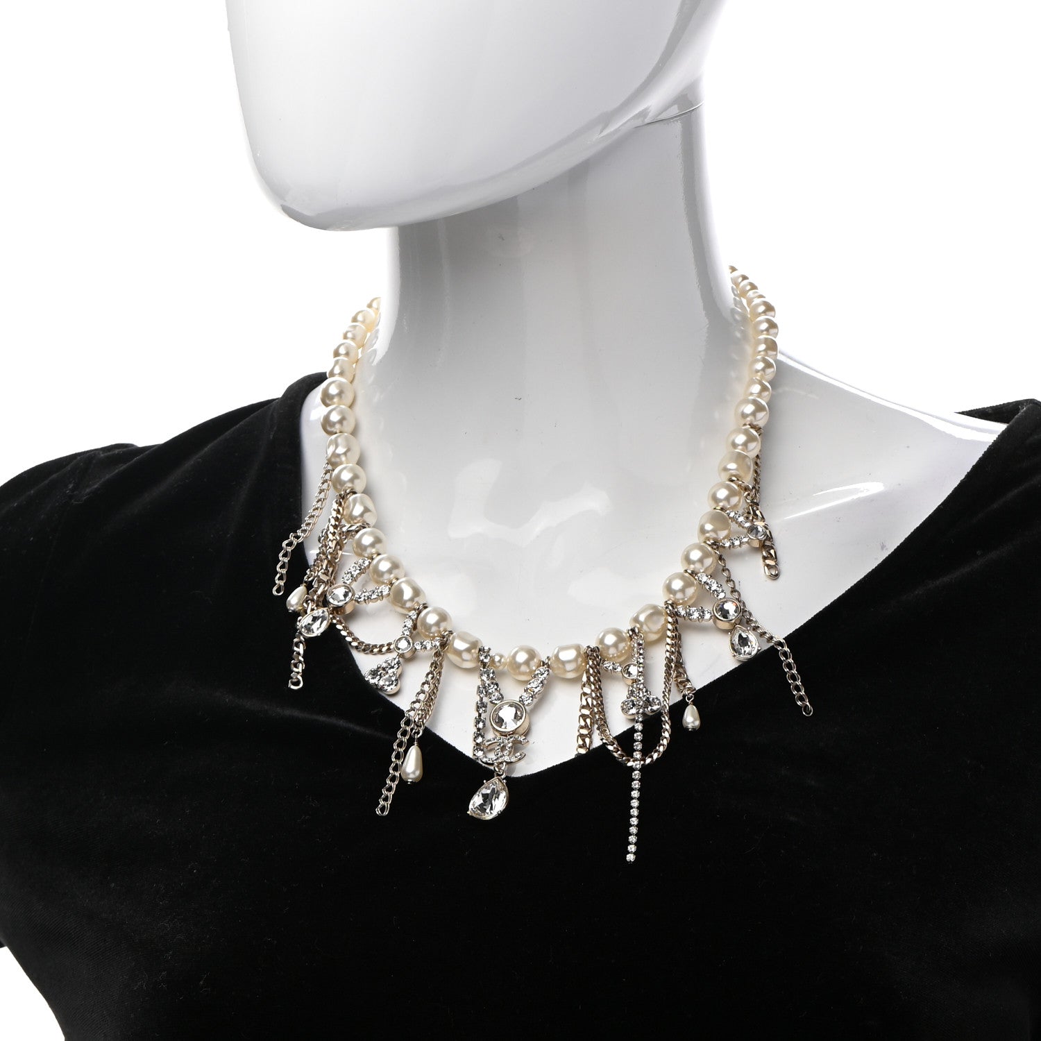 Chanel Pearl Crystal CC Dangle Short Necklace Gold 2 of 6