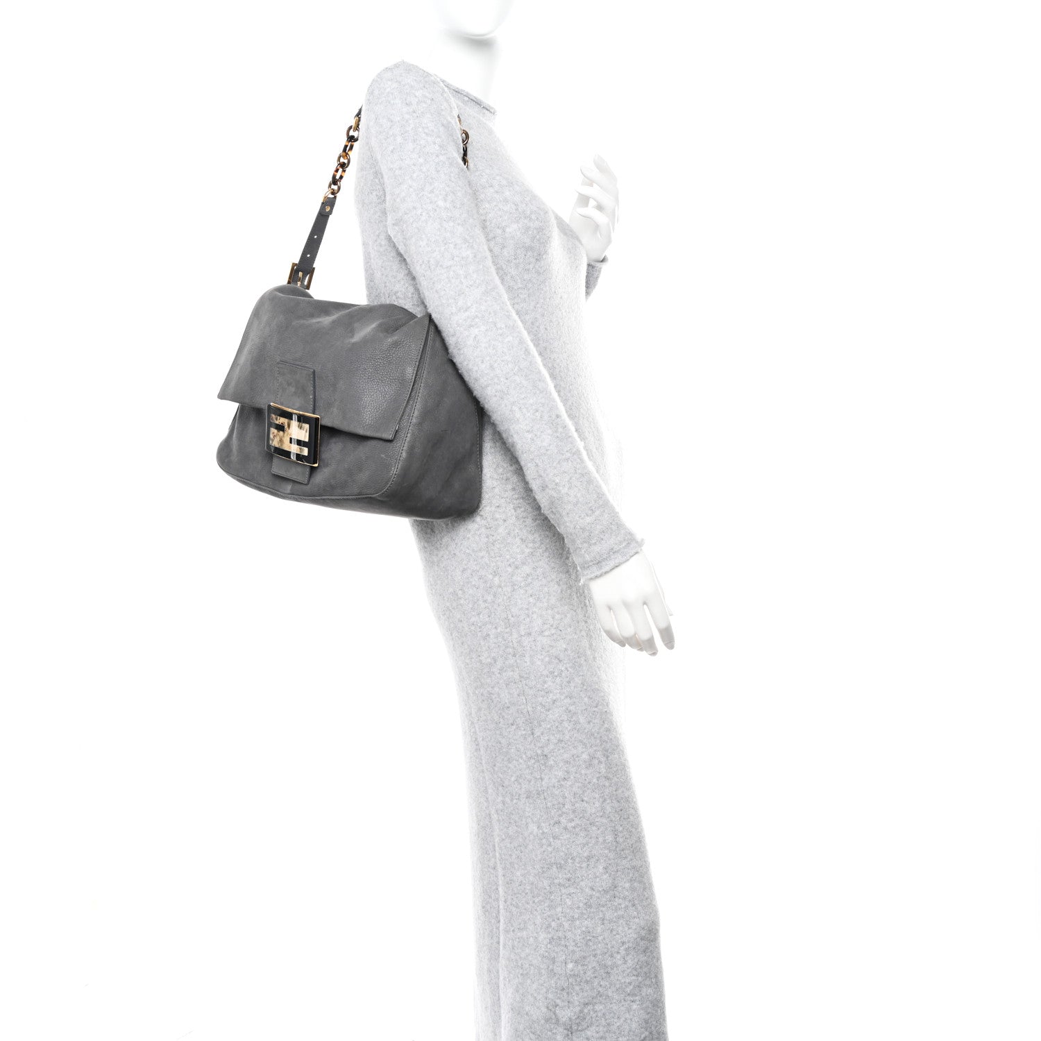 Fendi Vitello Savana Big Mama Baguette Grigio Tartaruga Natural 2 of 10