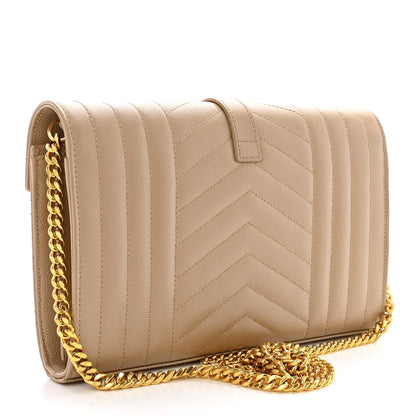 Saint Laurent Grain De Poudre Mixed Matelasse Triquilt Monogram Chain Wallet Dark Beige 3 of 9