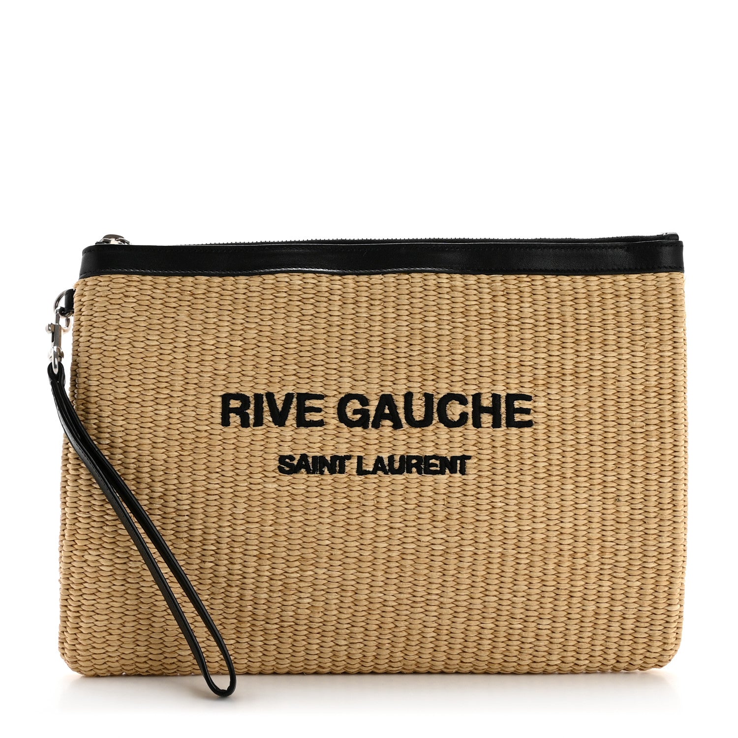 Saint Laurent Raffia Calfskin Rive Gauche Zipped Pouch Naturale Black 1 of 9